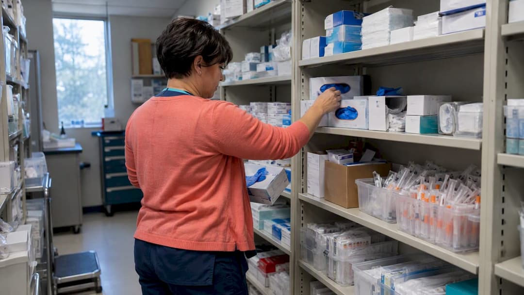 Coordinator counting clinic supply boxes
