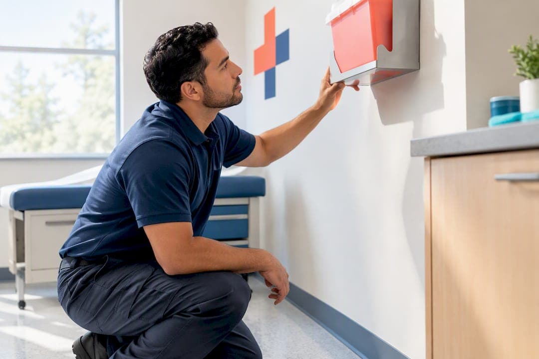 Sharps container mounted above child reach