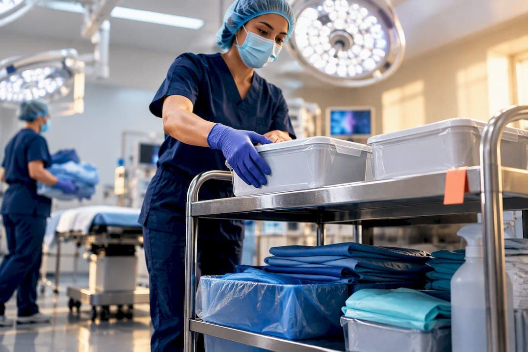 Operating room turnover supplies on cart