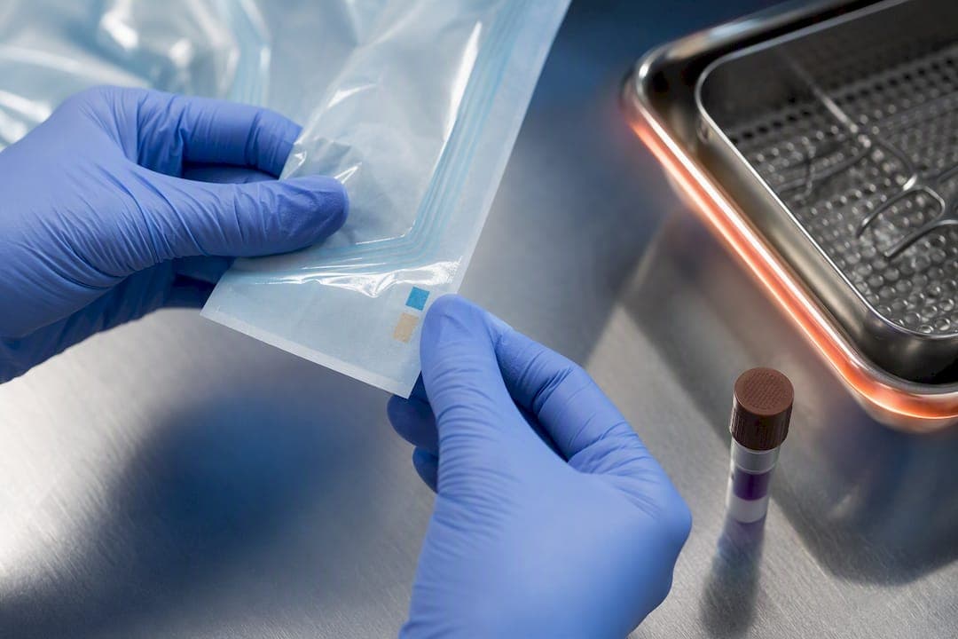 Gloved hands checking sterilization indicator color