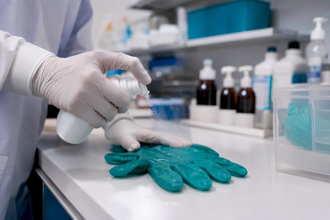 Hands applying chemical barrier spray to gloves