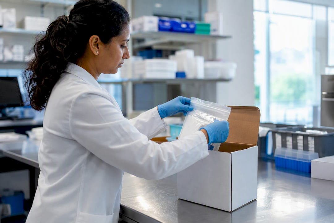 Hands placing specimen transport bag in clinical box