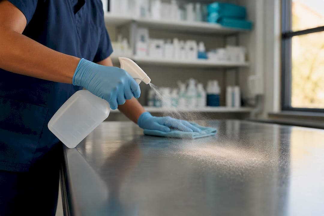 Gloved hands spraying disinfectant on hospital surface