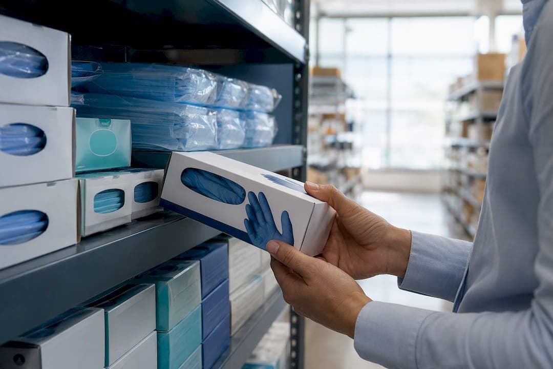 Hands inspecting medical supply packaging