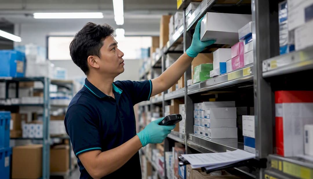 Warehouse worker handling inventory boxes