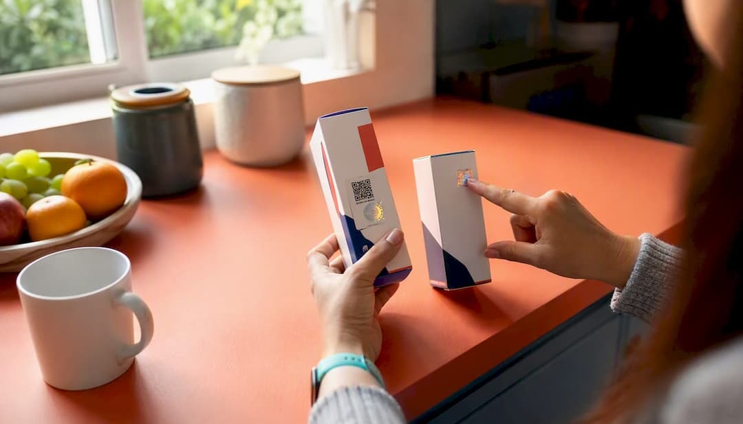 Hands comparing product QR code and hologram security