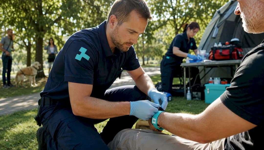Paramedic applying tourniquet on forearm outdoors