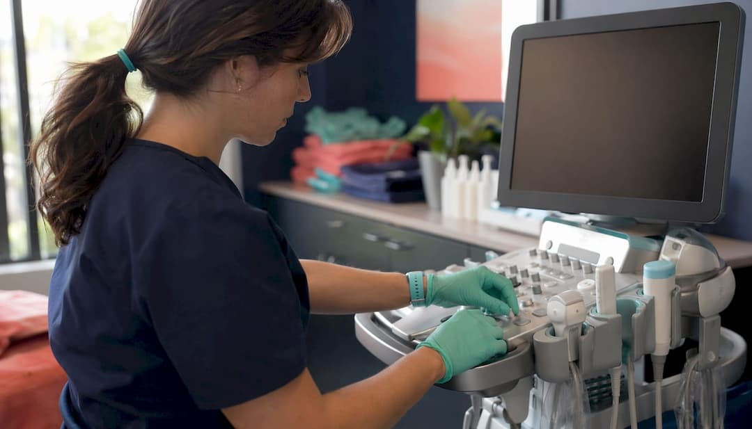 Hands adjusting ultrasound machine controls in radiology