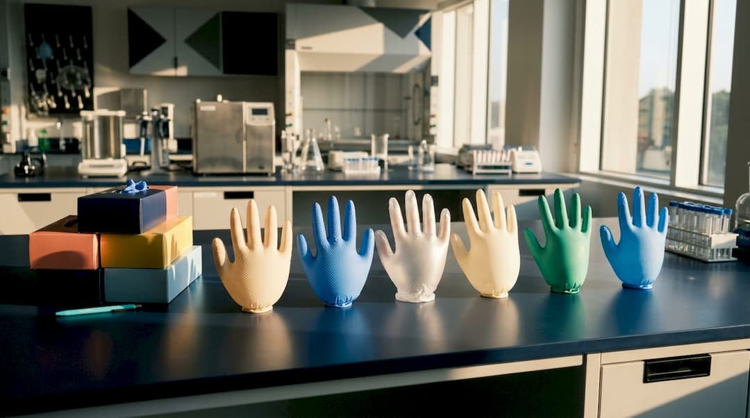 Close-up of different medical glove materials on white surface