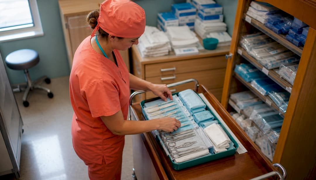 Nurse arranging surgical supply kit tray