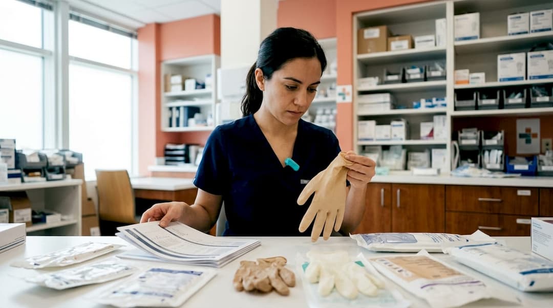 Surgeon examining surgical gloves at hospital table