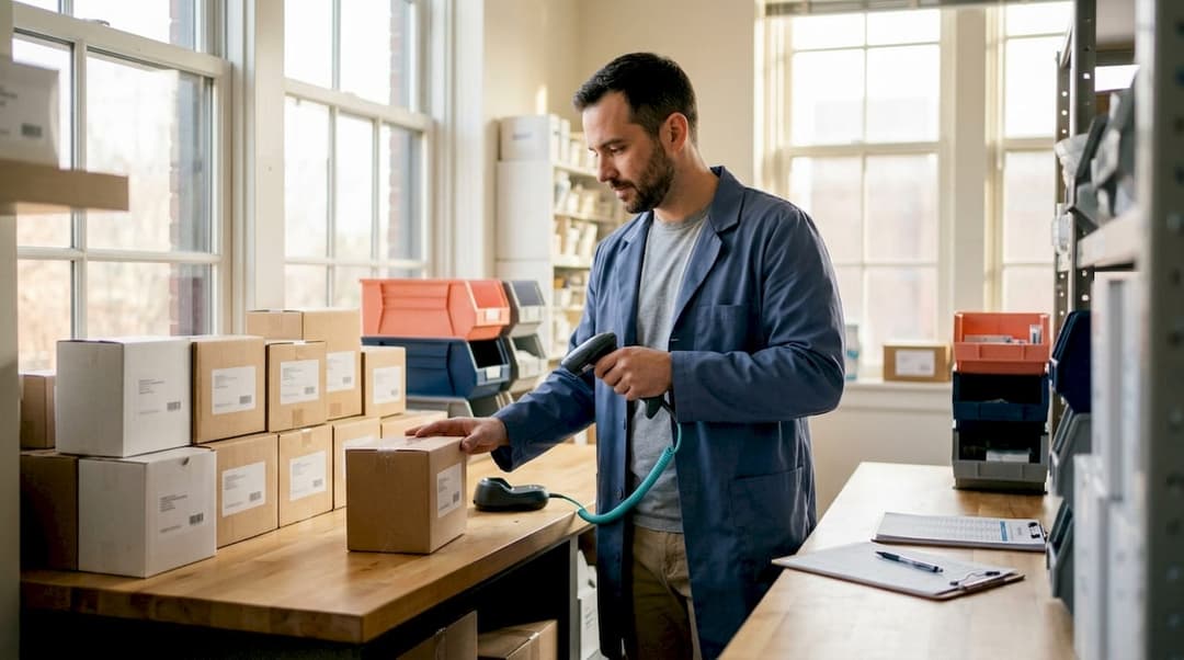 Hands scanning barcodes on medical supply boxes