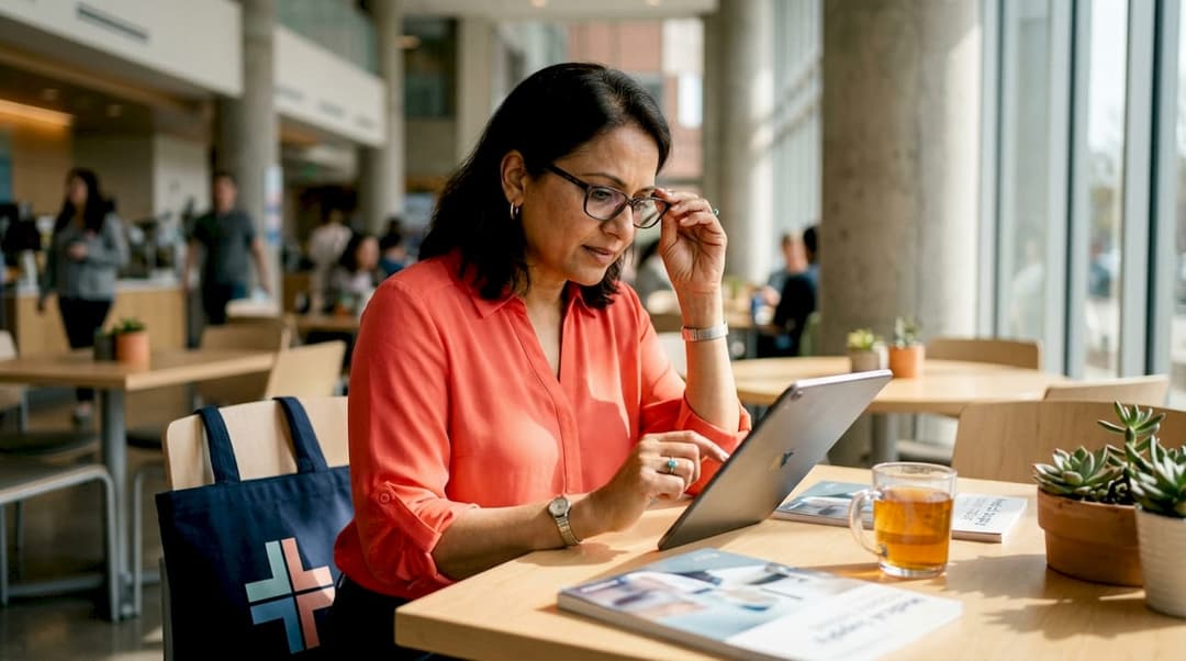 Procurement specialist using a digital medical catalog on tablet