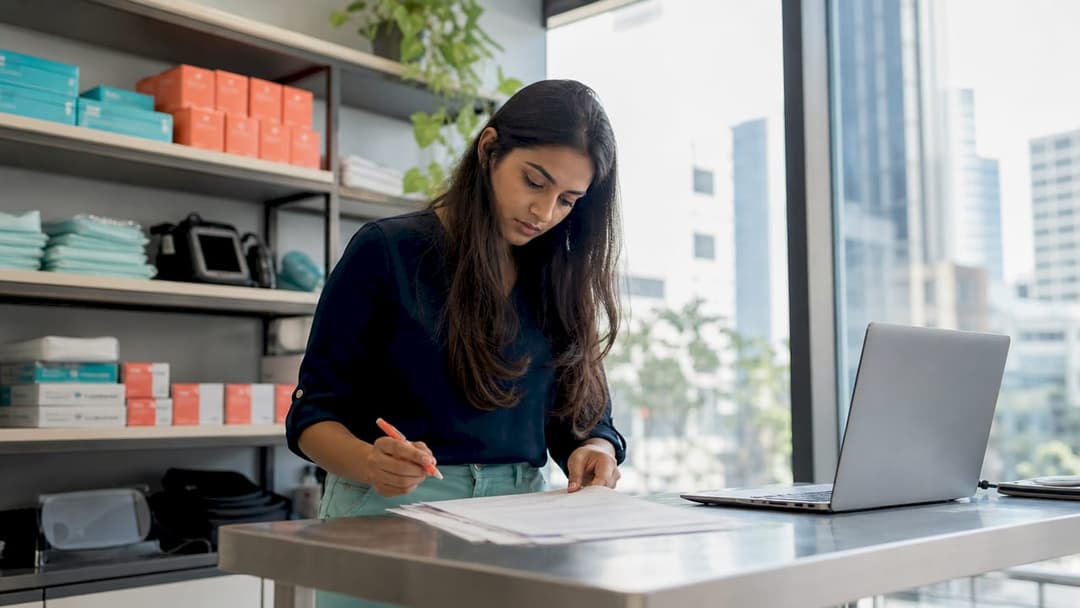 Entrepreneur reviewing medical supply drop shipping documents