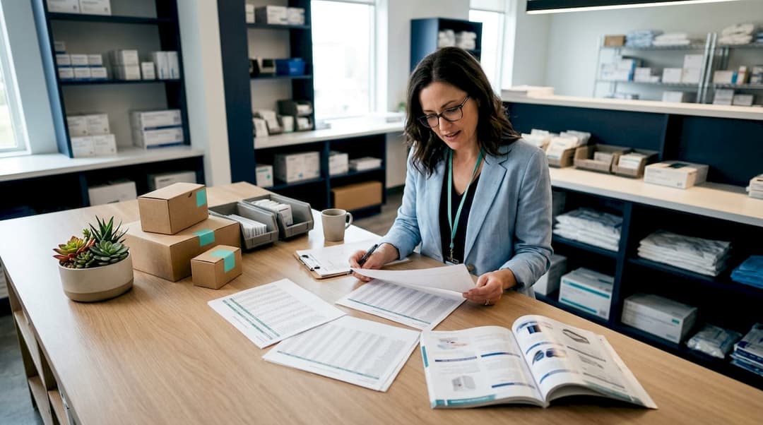 Healthcare manager reviewing bulk supply order documents
