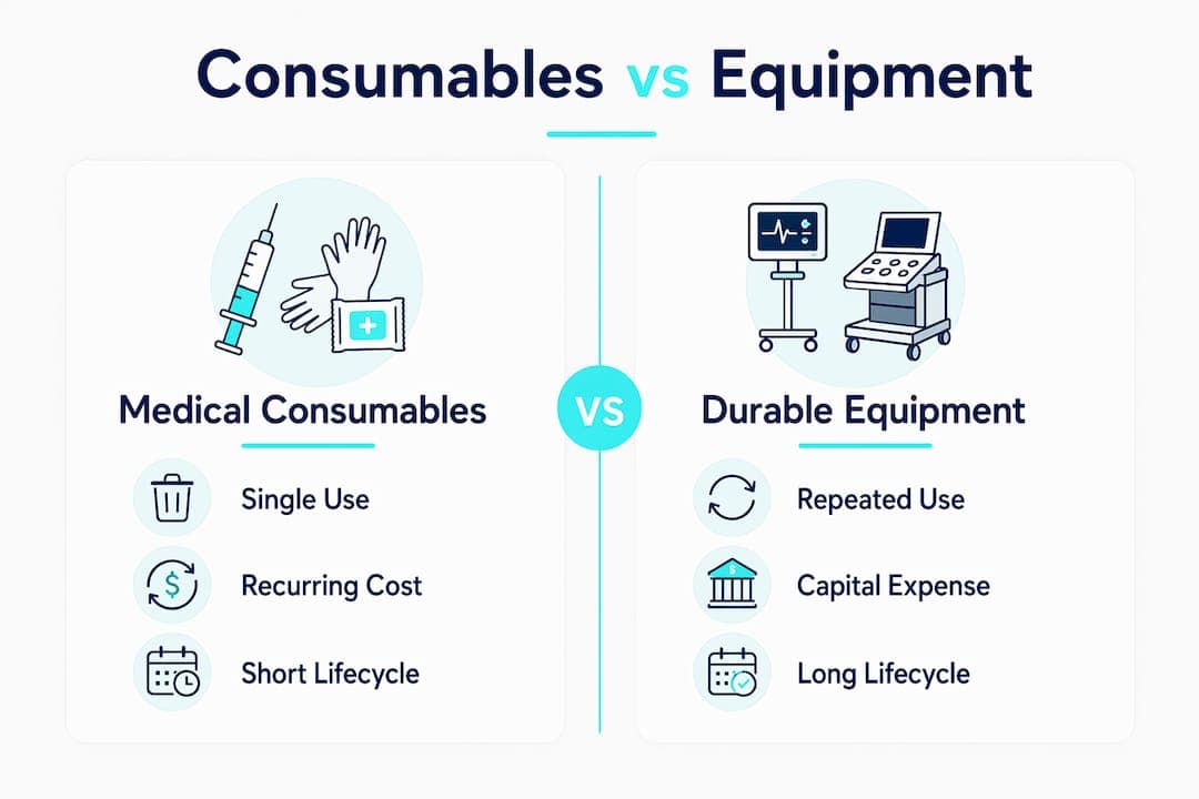 Infographic comparing medical consumables and durable equipment
