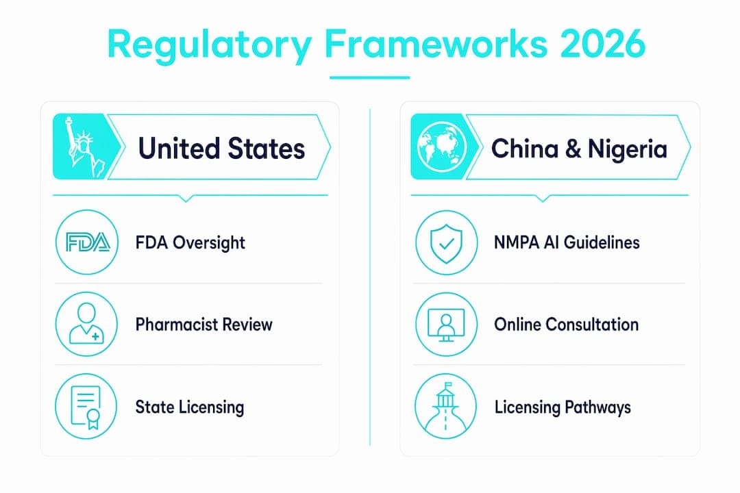 Infographic comparing US and China-Nigeria online medical regulations