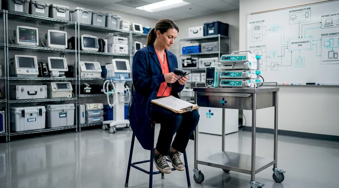 Engineer checks hospital devices for connectivity