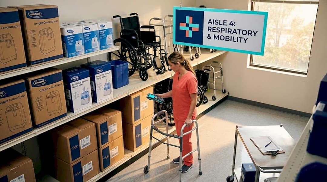 Medical storeroom stocked with equipment and supplies
