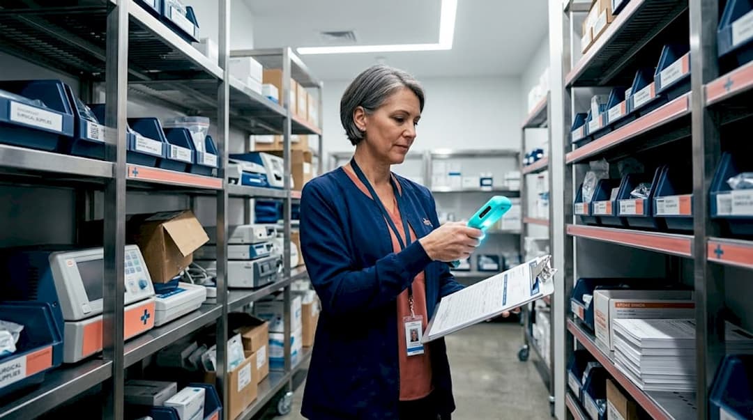 Manager checks consigned equipment shelves in storeroom