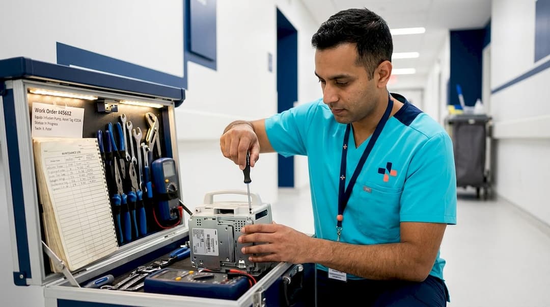Technician repairs hospital device on hallway cart