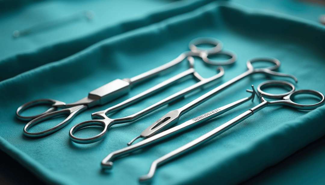 Close-up view of surgical instruments arranged on a sterile tray