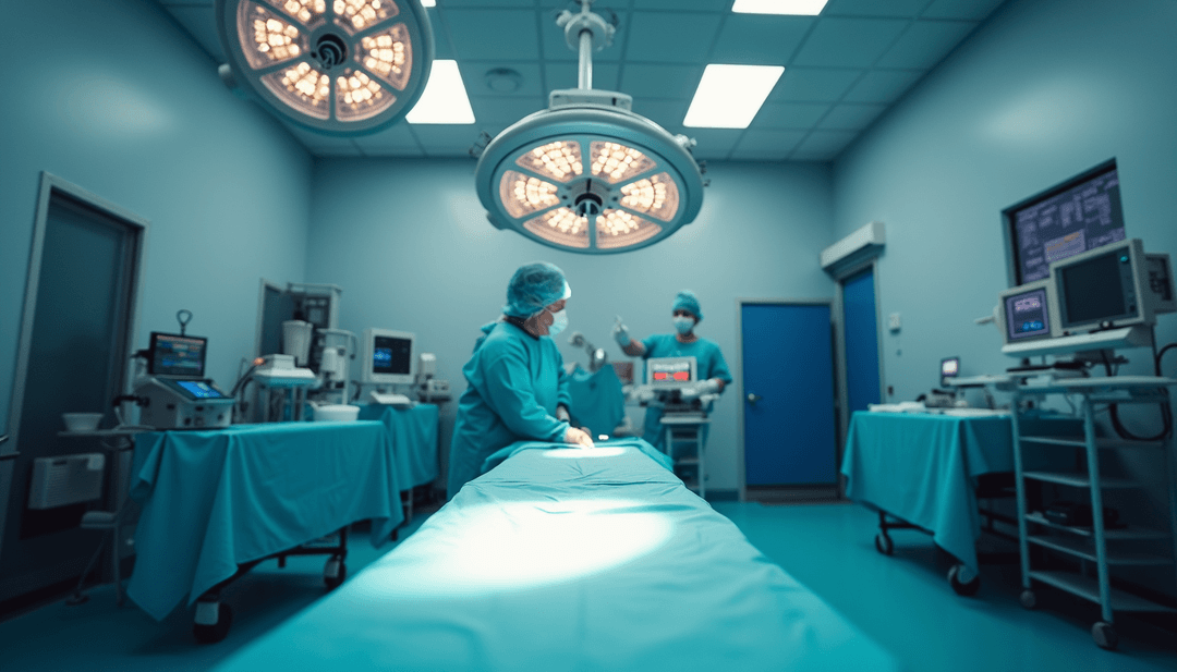 Eye-level view of a modern operating room with surgical lights and equipment