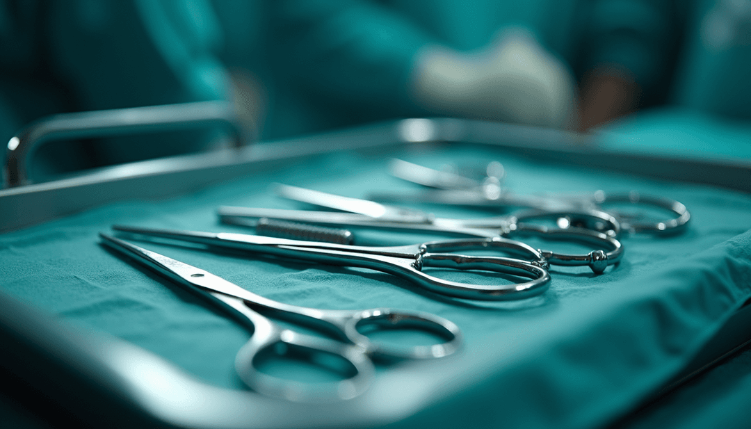 Close-up view of surgical instruments neatly arranged on a tray