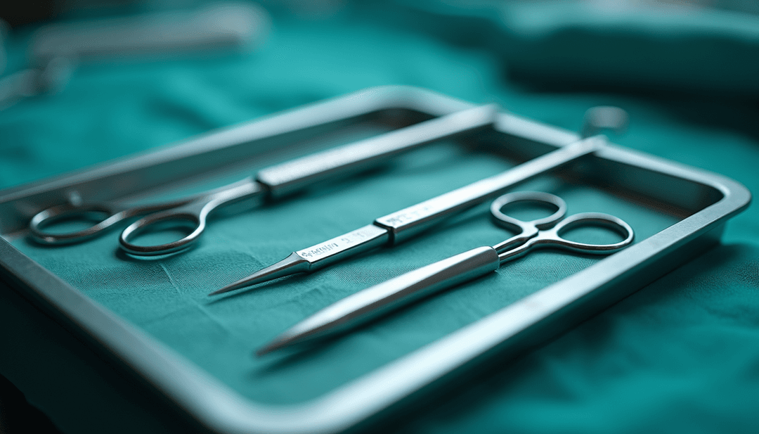 Close-up view of surgical instruments arranged on a sterile tray