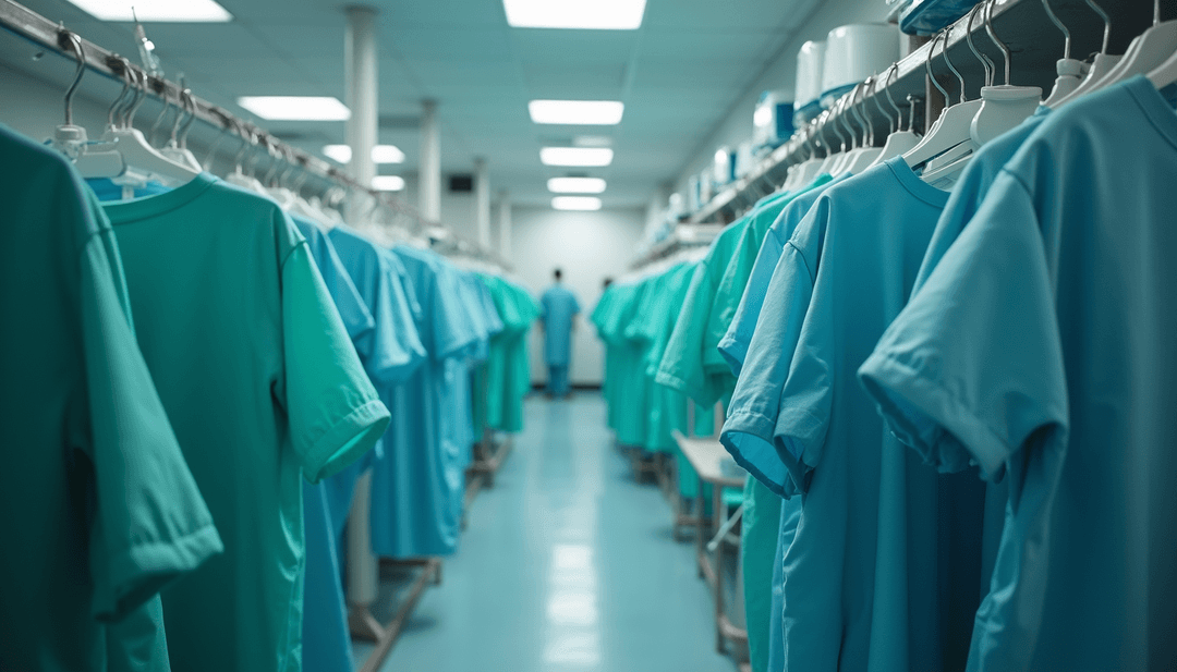 Eye-level view of surgical gowns hanging in a sterile storage room