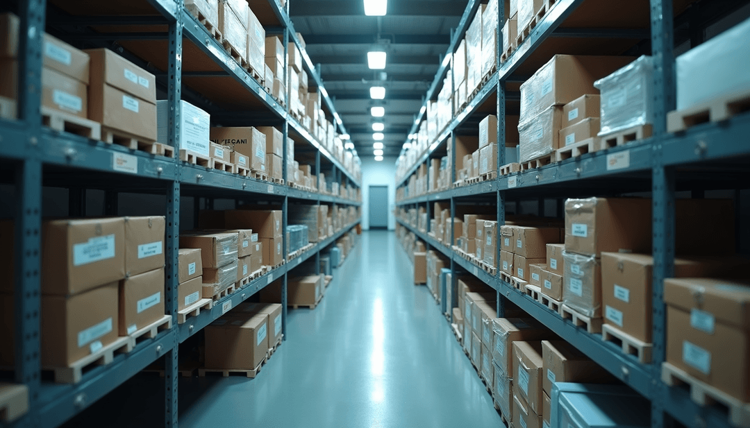 High angle view of a warehouse with organized shelves of surgical equipment ready for shipment