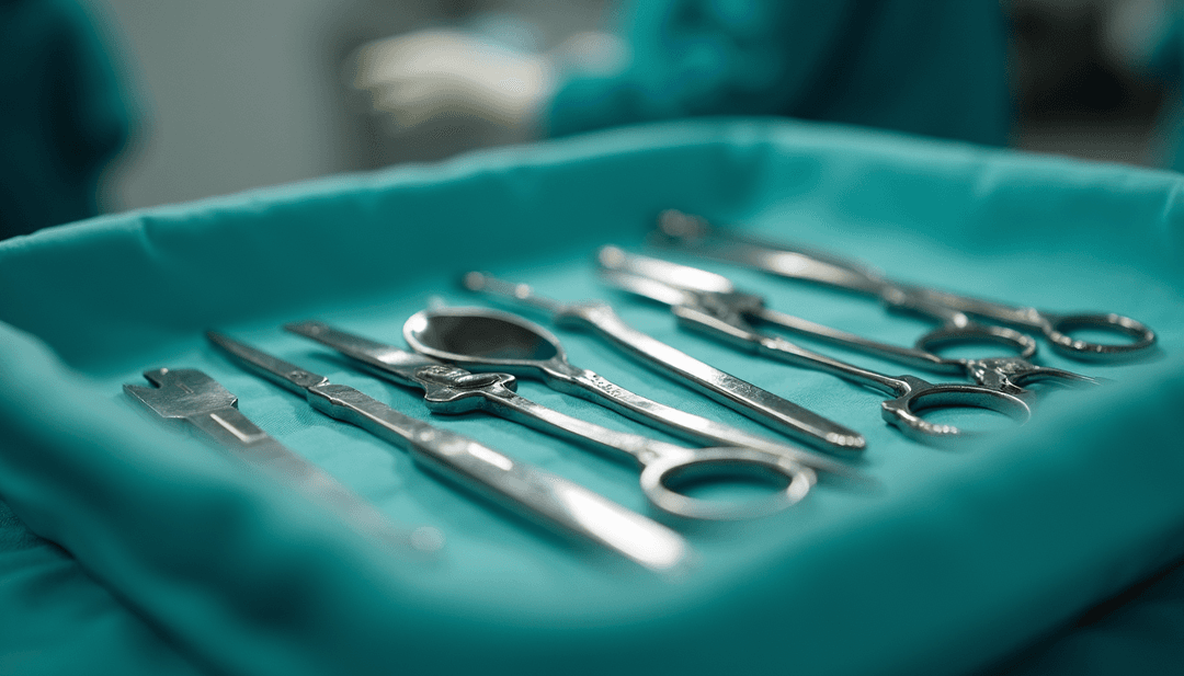 Close-up view of surgical instruments arranged in a sterile tray