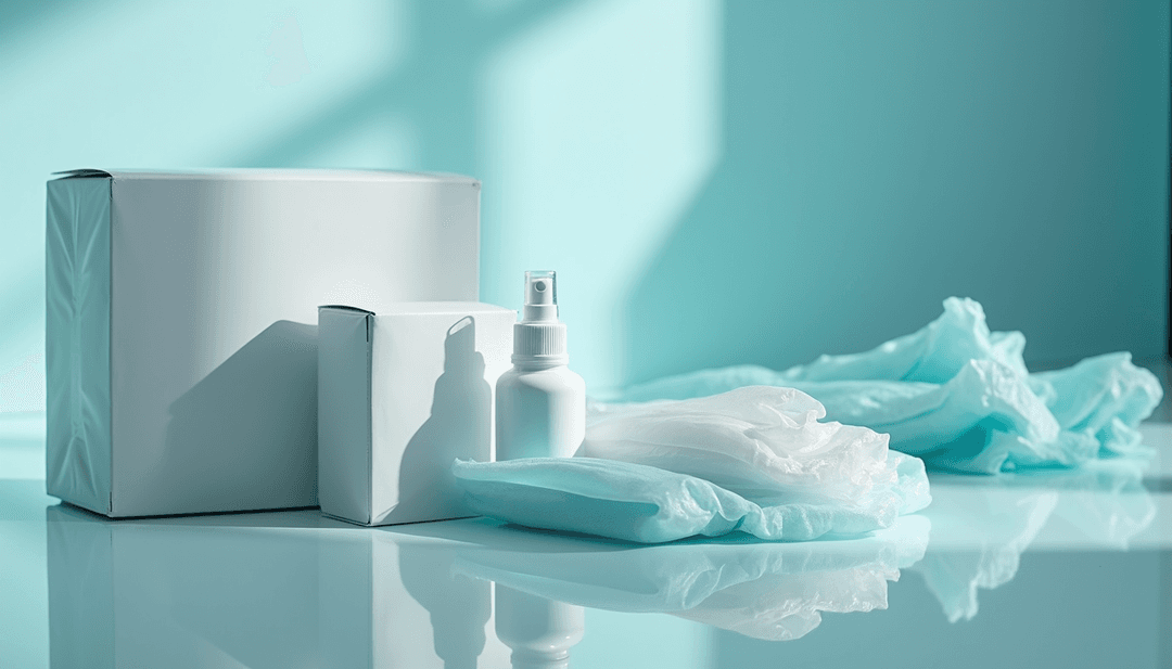 High angle view of sterile surgical kit packaging on a clean surface