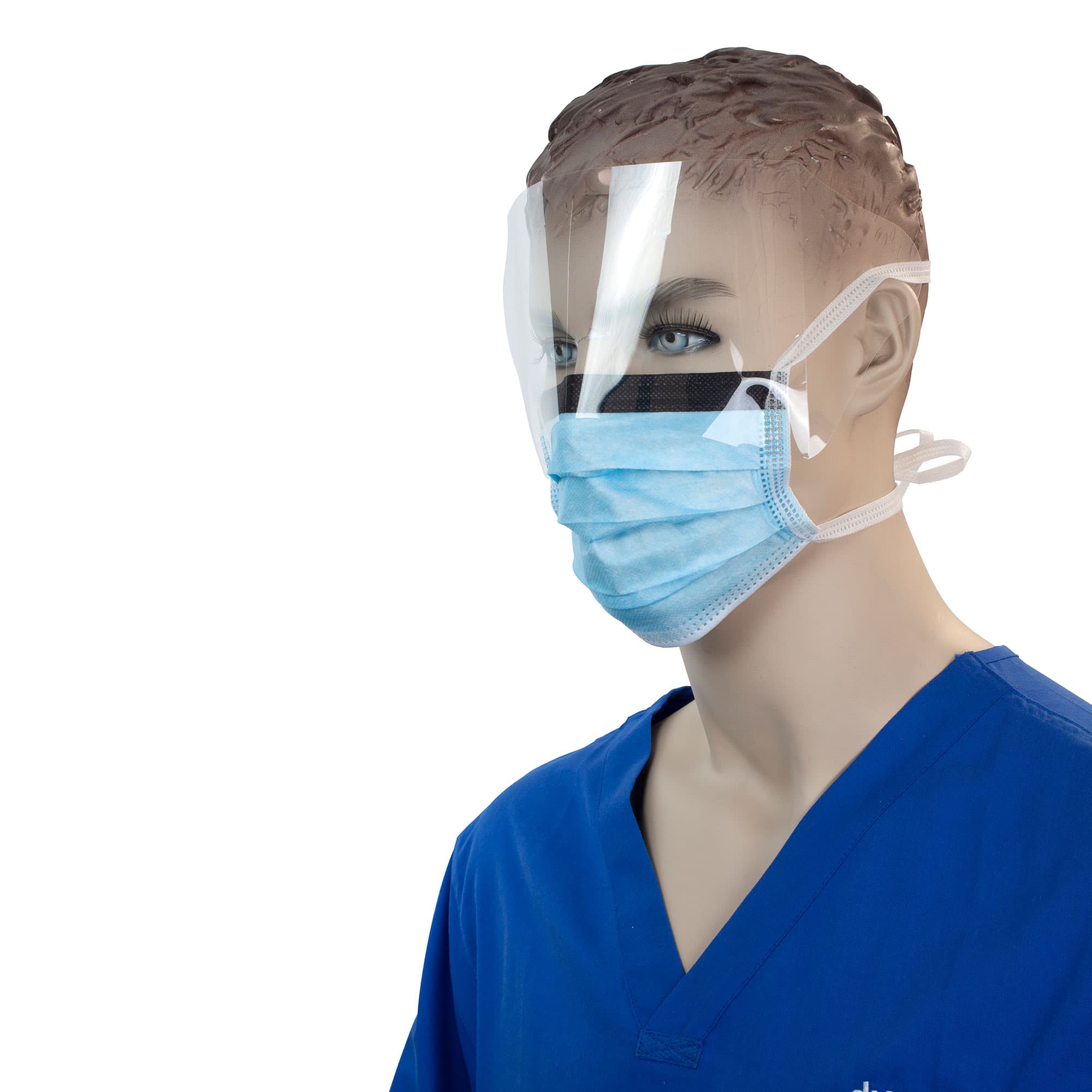 Surgical Face Mask with Ties & Plastic Shield Blue front view.