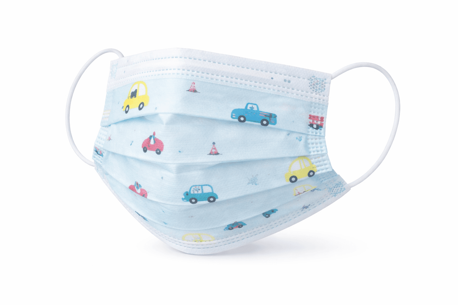 Child Face Mask Car Print / Blue Background front view.