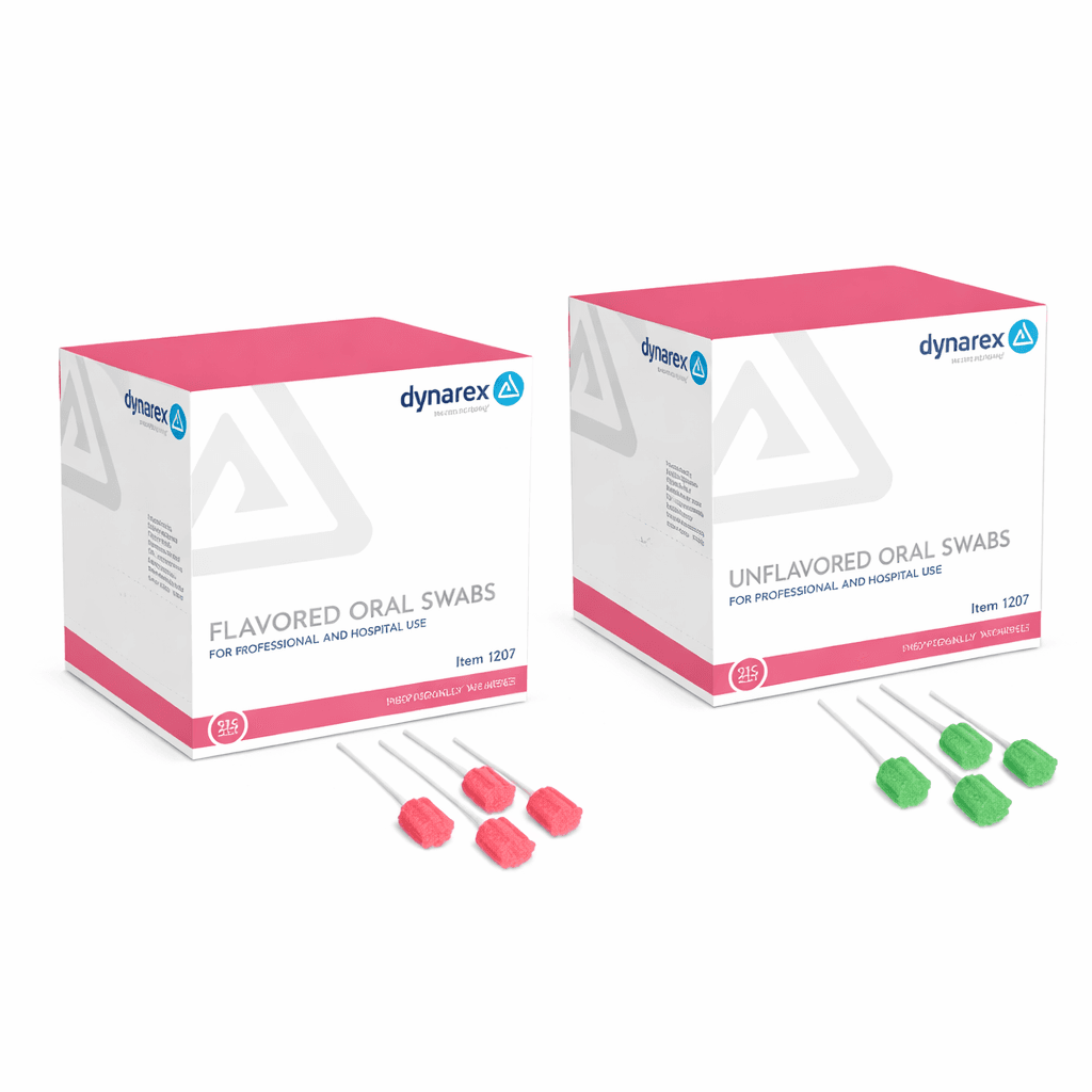 Oral Swab sticks showing flavored and unflavored swab sticks and the boxes front view.