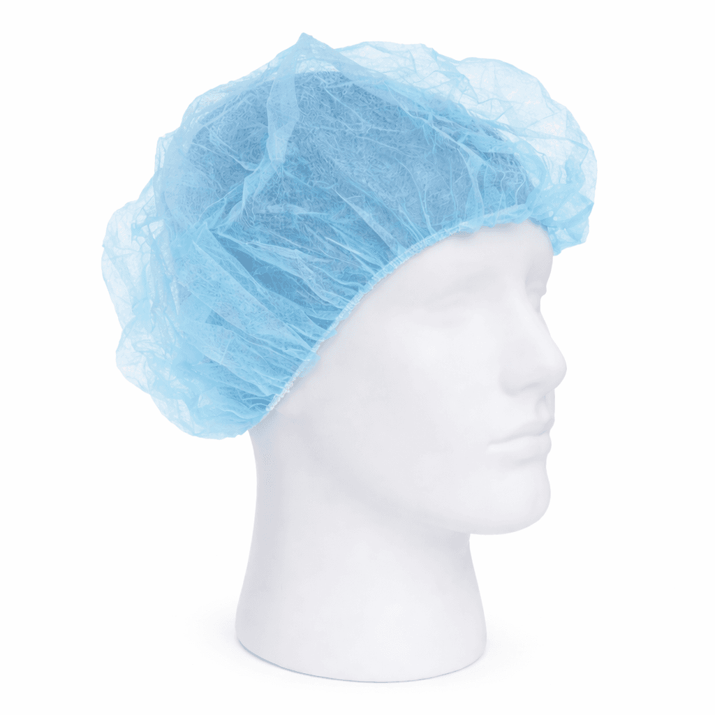 Bouffant Cap Blue on mannequin head front view.