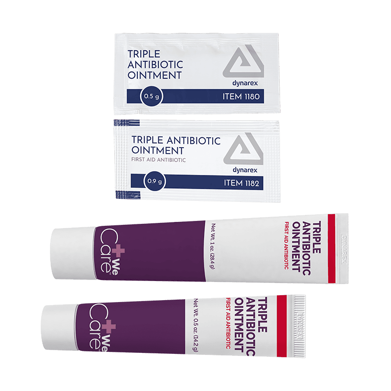 Triple Antibiotic Ointment 0.5 gram and 0.9-gram foil packets with 0.5 oz and 1 oz tubes front view.