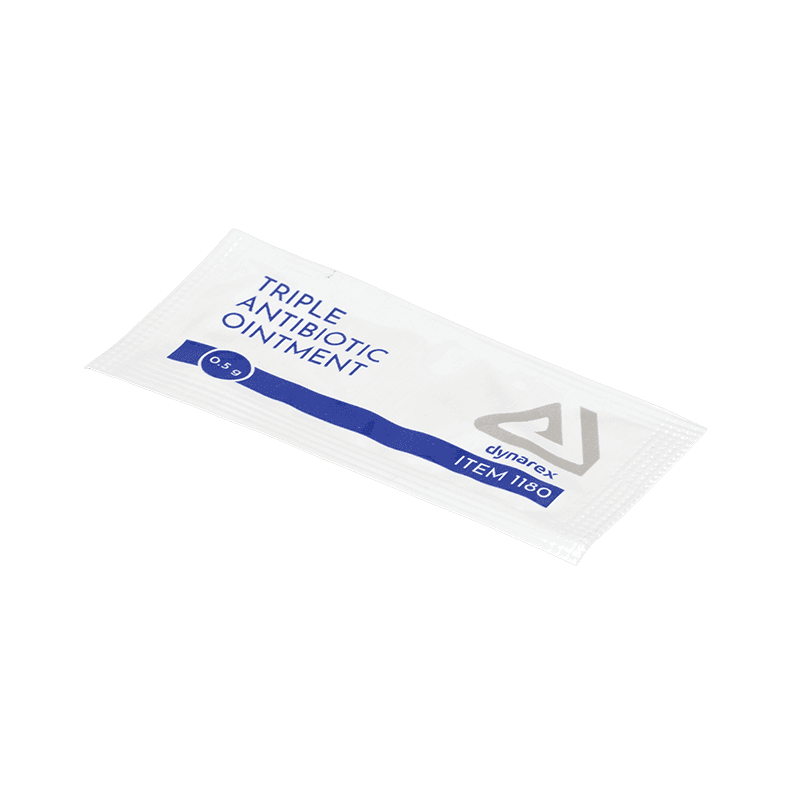 Triple Antibiotic Ointment 0.5 gram foil packets front view.