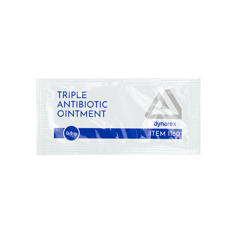Triple Antibiotic Ointment 0.5-gram foil packets front view.