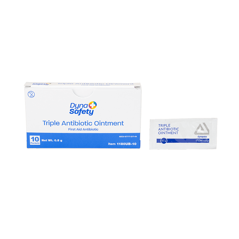 Triple Antibiotic Ointment 0.5-gram foil packet with box front view.
