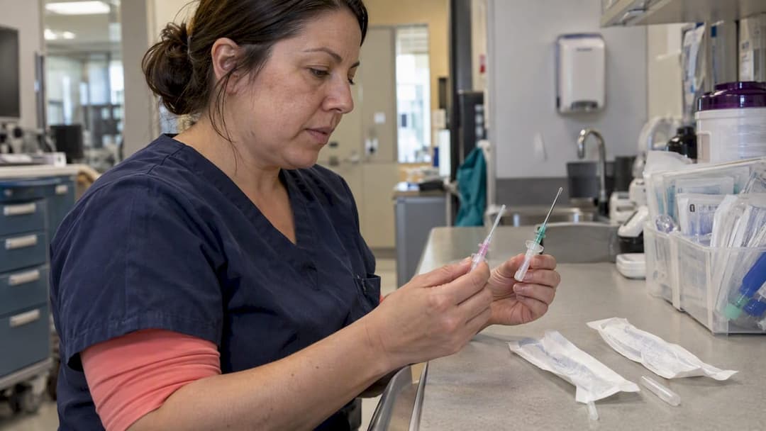 Nurse comparing peripheral IV catheter sizes