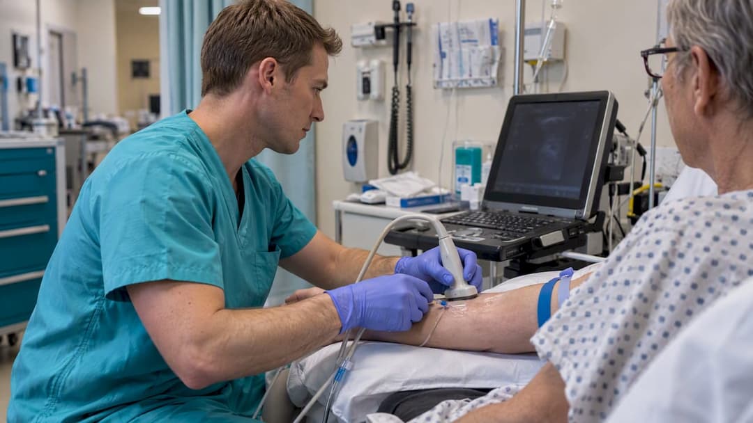 Clinician using ultrasound for peripheral IV placement