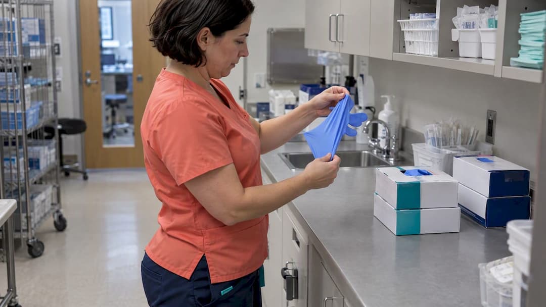 Technician examining a nitrile glove sample