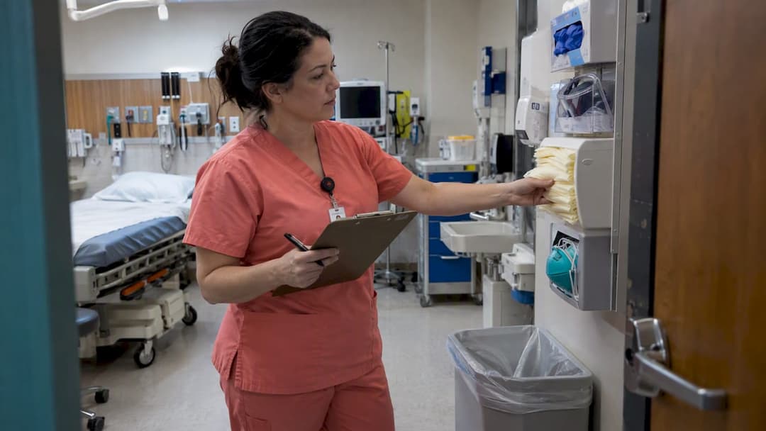 Safety coordinator surveys a healthcare treatment room