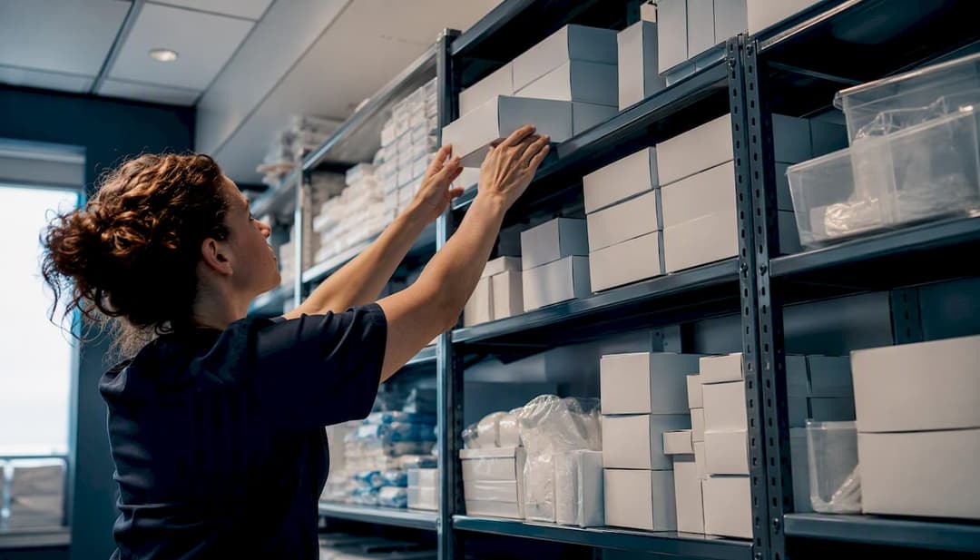 Hands selecting medical supplies from shelves