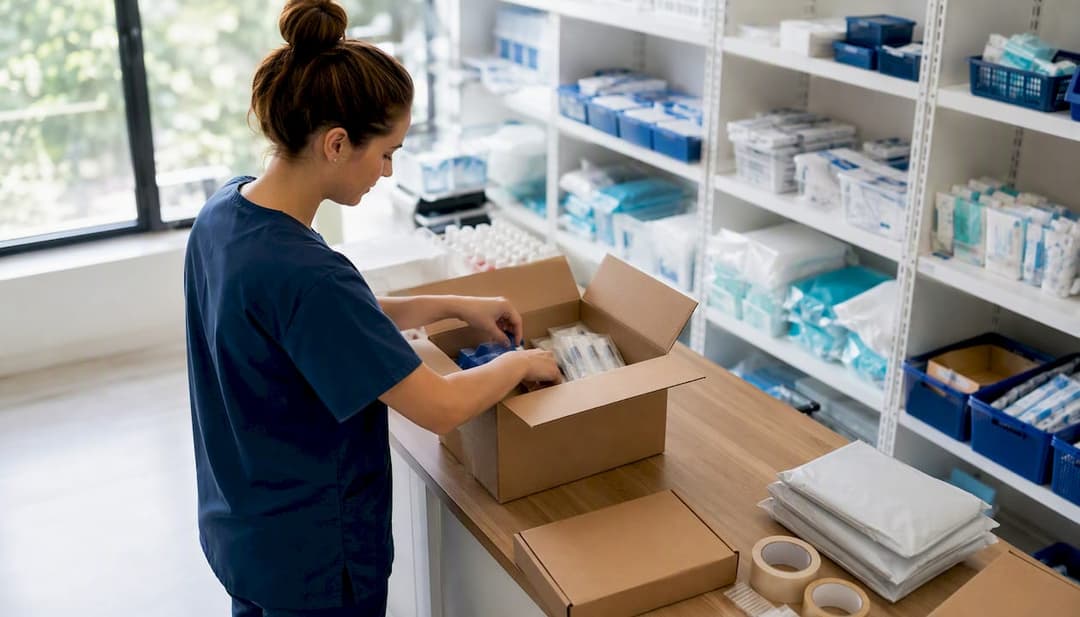 Hands packing small medical supply order