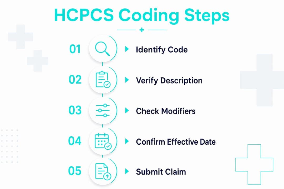 Infographic depicting steps to read and use HCPCS codes