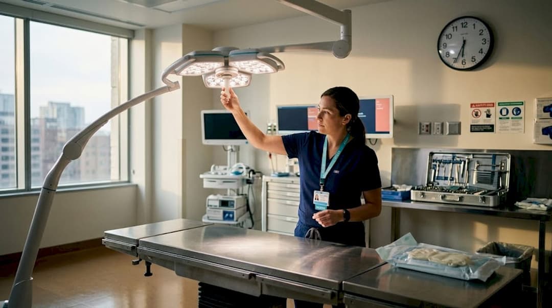 Surgical nurse adjusting operating room lamp